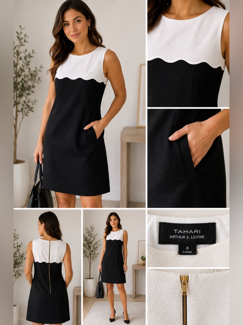 NWT Tahari ASL Black White Scalloped Colorblock Shift Dress Size 8 Pockets